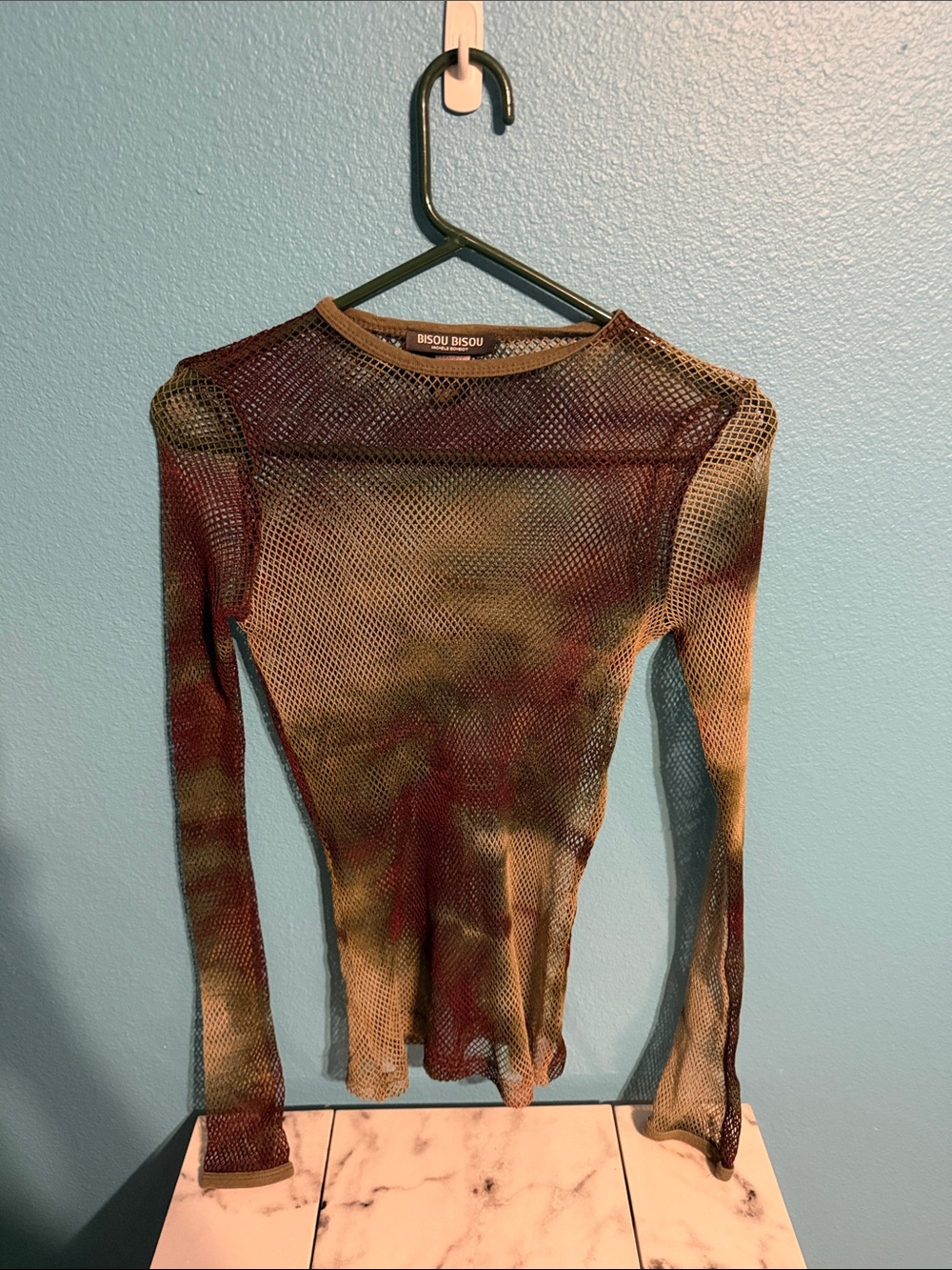 Bisou Bisou Tie-Dye Mesh Long Sleeve Top in Brown, Green, Red